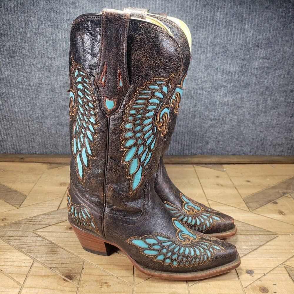 Corral Boots Womens 6.5M Turquoise Inlay Fleur De Lis Wings Cowboy Brown R2458 - Picture 1 of 13
